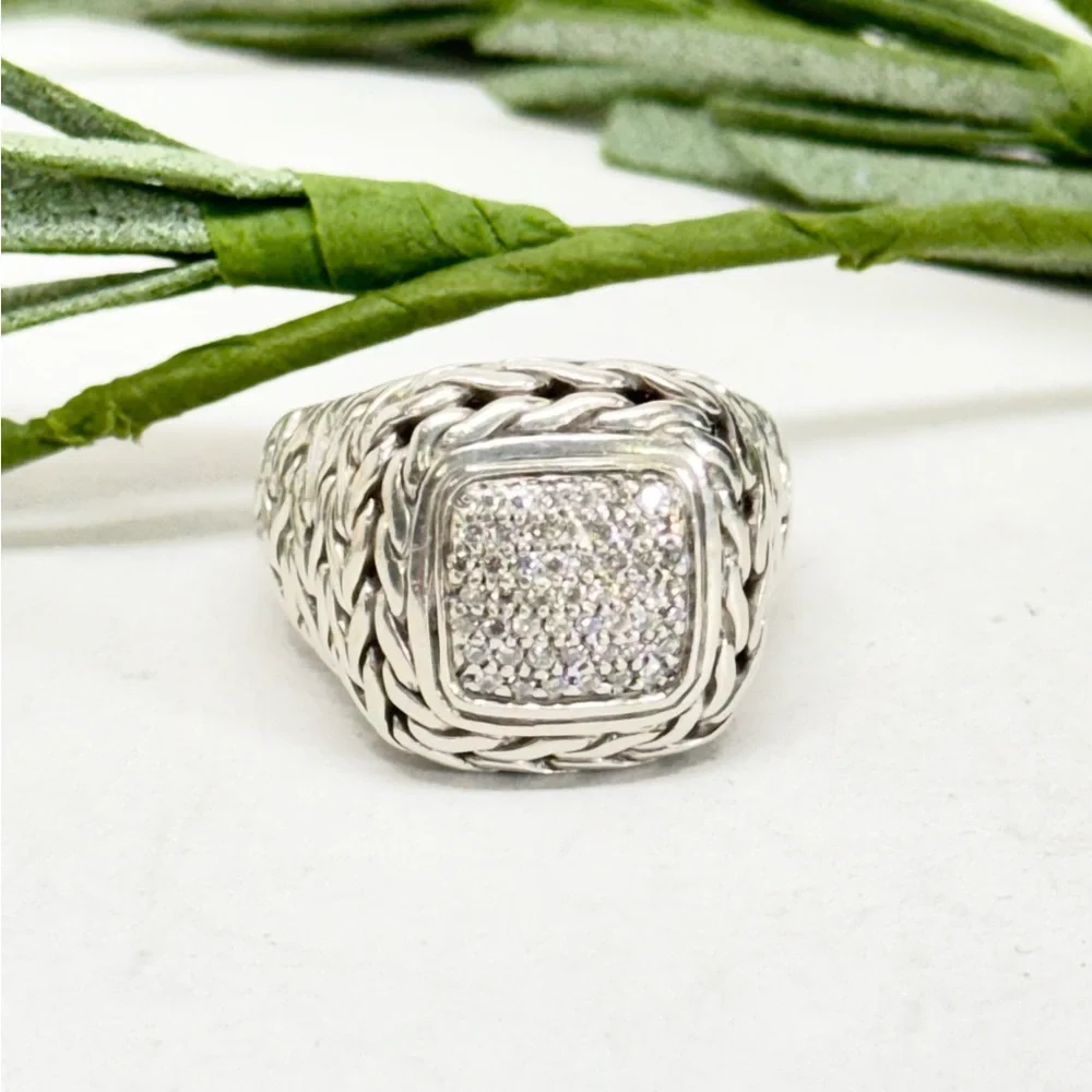 John Hardy Classic Chain Diamond Ring .925 Sterling Silver
